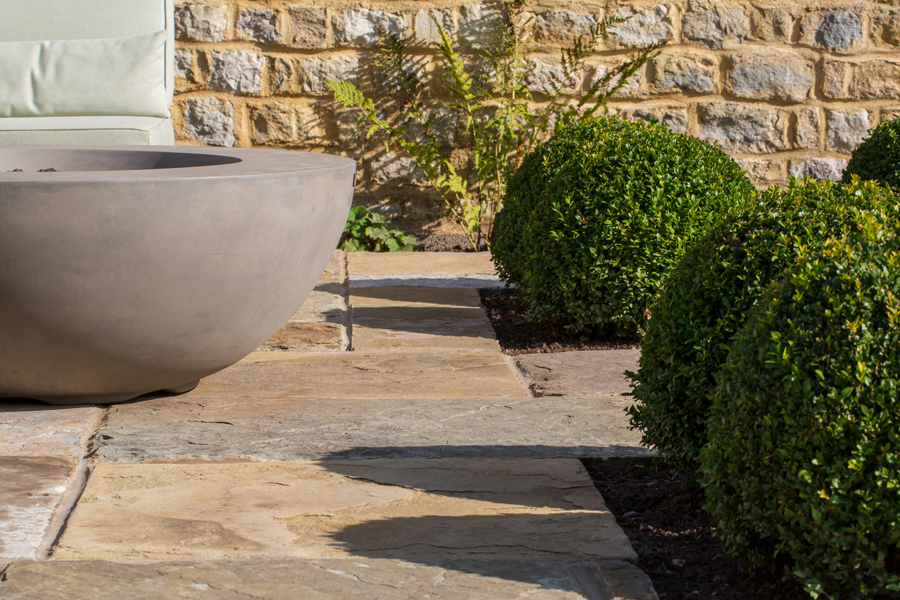 Patio and shrubs